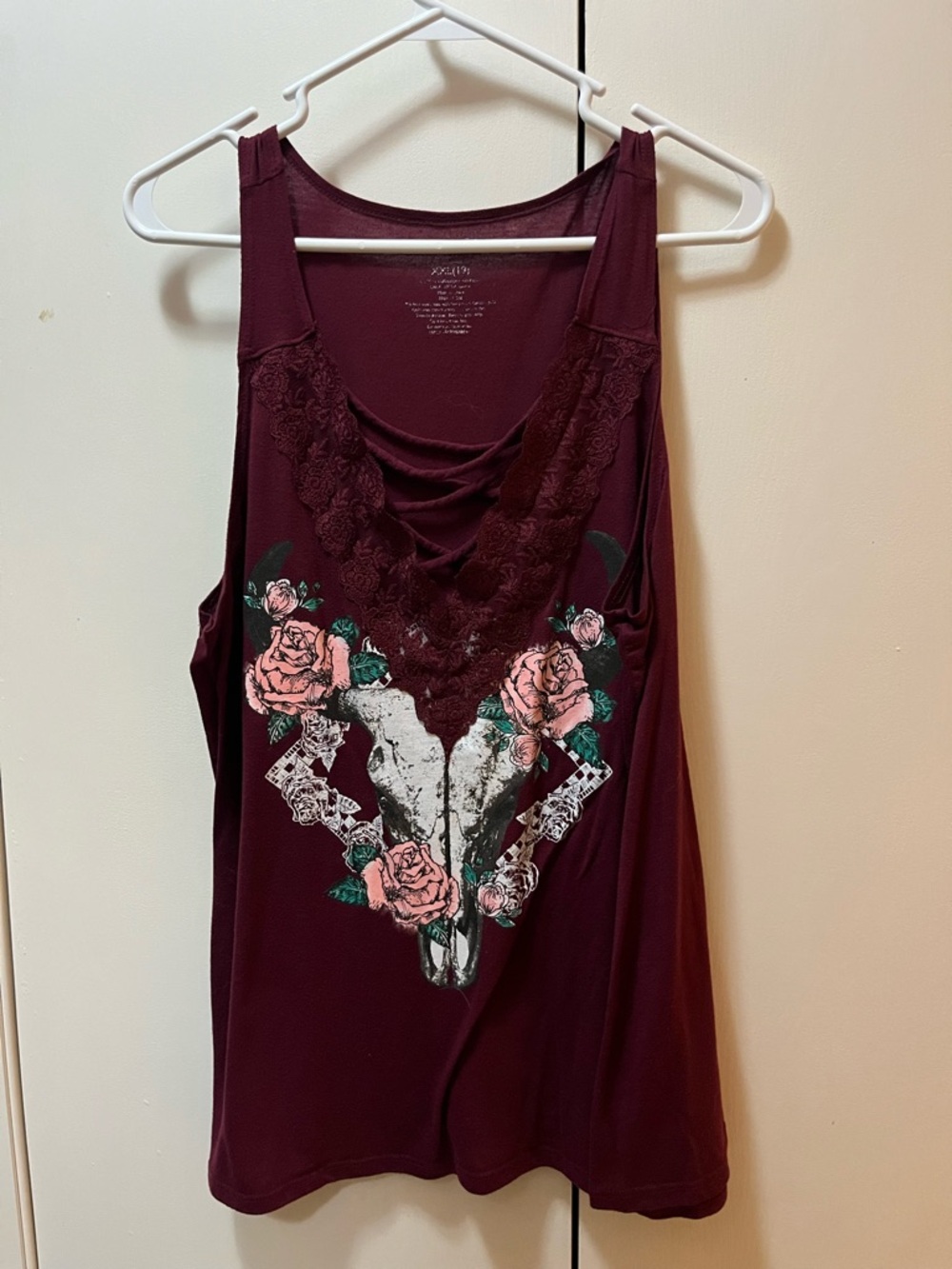 Wound Up Burgundy Lace-Trim Floral Skull Tank